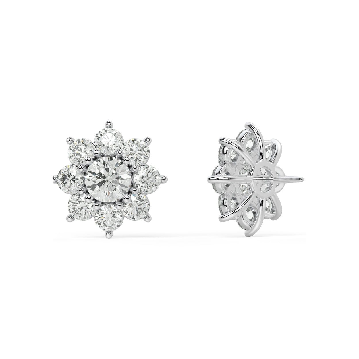Pair of rose gold lab-grown diamond flower stud earrings featuring prominent central round diamond and six surrounding round petal diamonds in elegant floral motif, front view, romantic luxury jewelry