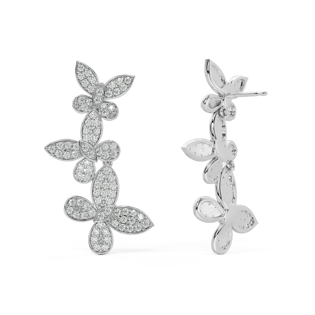 Pair of rose gold lab-grown diamond floral vine stud earrings with marquise and pear-shaped diamond petals in elegant cascading butterfly motif, front view, romantic luxury jewelry
