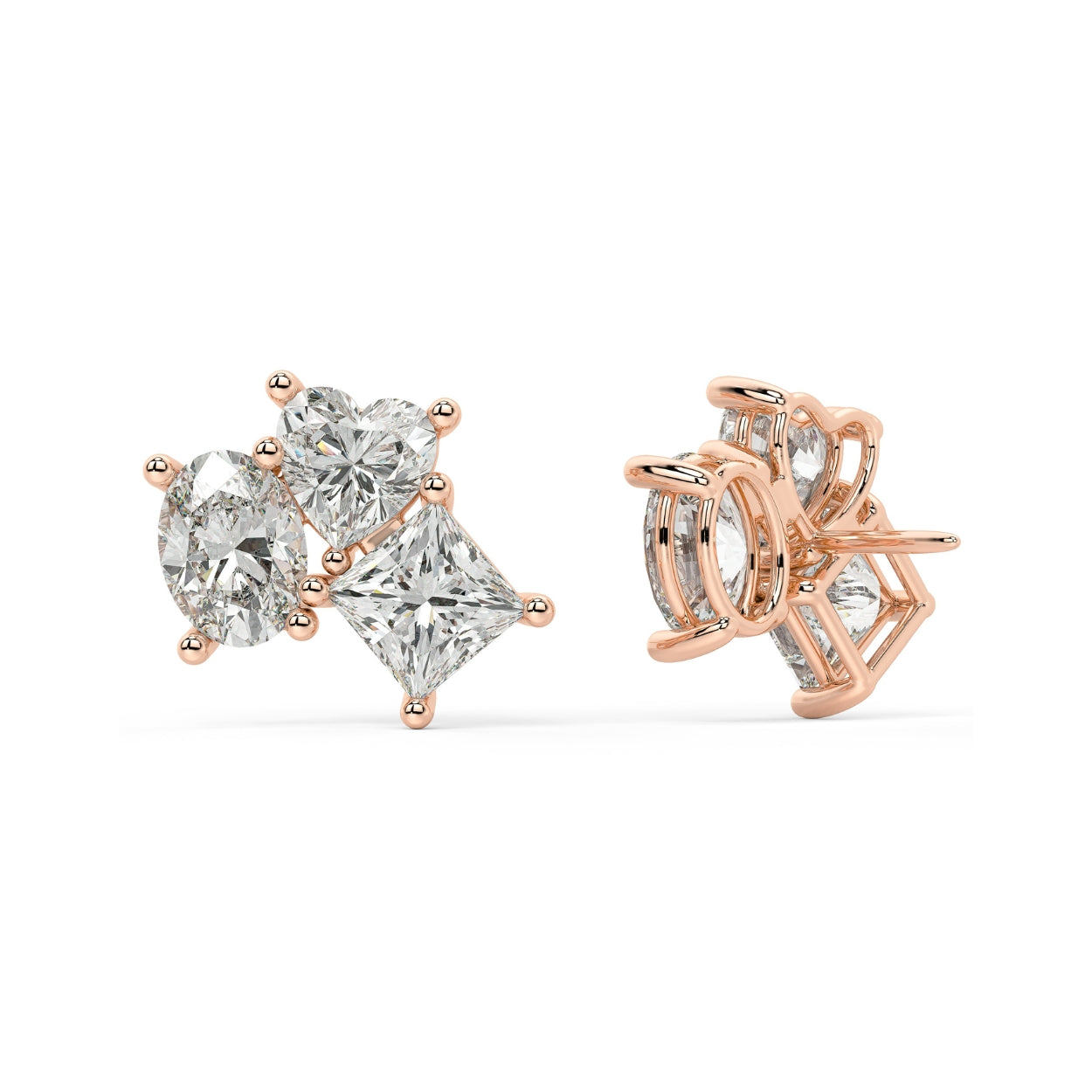 Pair of rose gold lab-grown diamond dangling drop stud earrings in three-stone style with oval-cut center and pear-shaped side diamonds, front view, premium sparkling luxury earrings