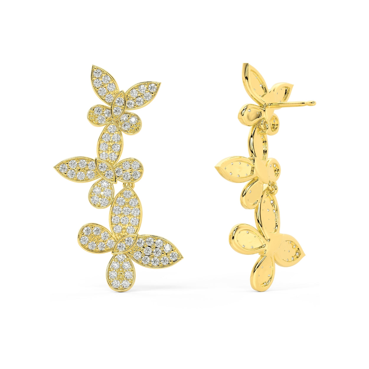 Pair of white gold lab-grown diamond floral vine stud earrings with marquise-cut and pear diamond petals in cascading butterfly design, front view, sophisticated Pavé cluster jewelry