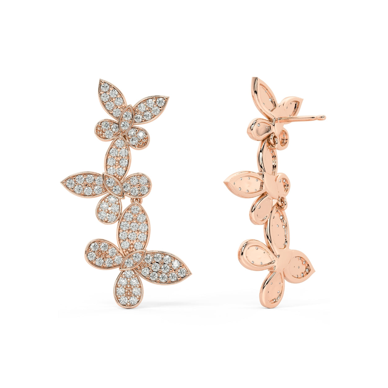 Pair of rose gold lab-grown diamond floral vine stud earrings with layered marquise and pear diamond petals in butterfly-inspired cascading design, front view, premium cluster jewelry