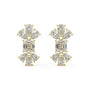 Pair of yellow gold lab-grown diamond cluster stud earrings with central emerald-cut diamond, pear-shaped diamond petals top and bottom, sparkling multi-stone design, luxury drop diamond jewelry
