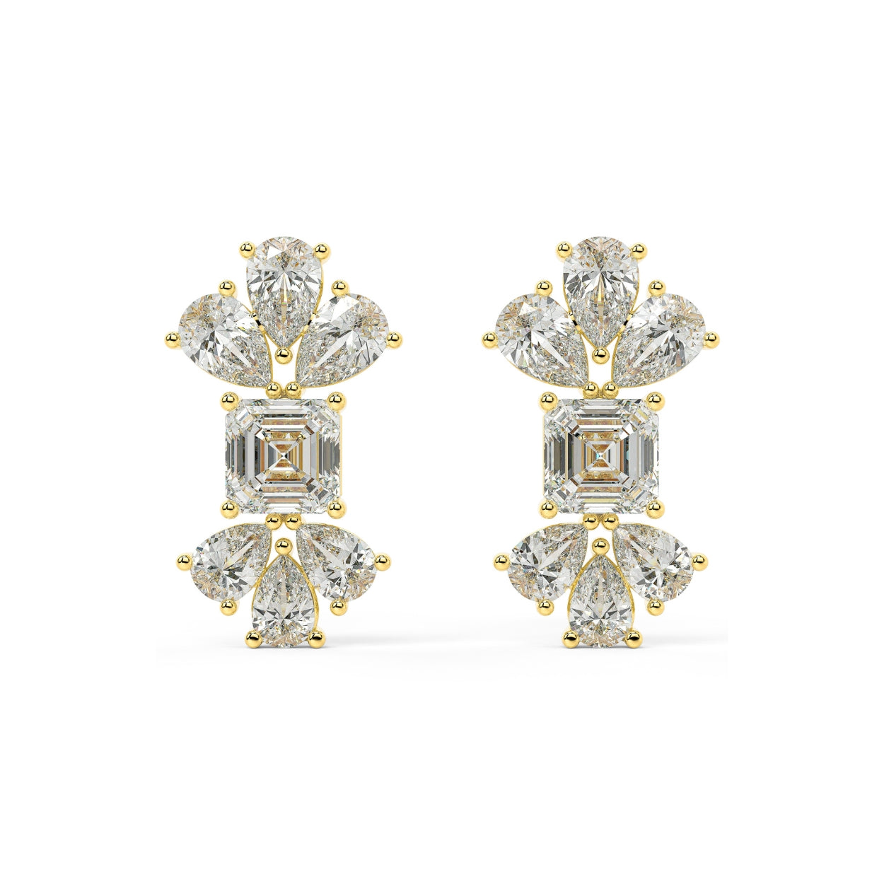 Pair of yellow gold lab-grown diamond cluster stud earrings with central emerald-cut diamond, pear-shaped diamond petals top and bottom, sparkling multi-stone design, luxury drop diamond jewelry