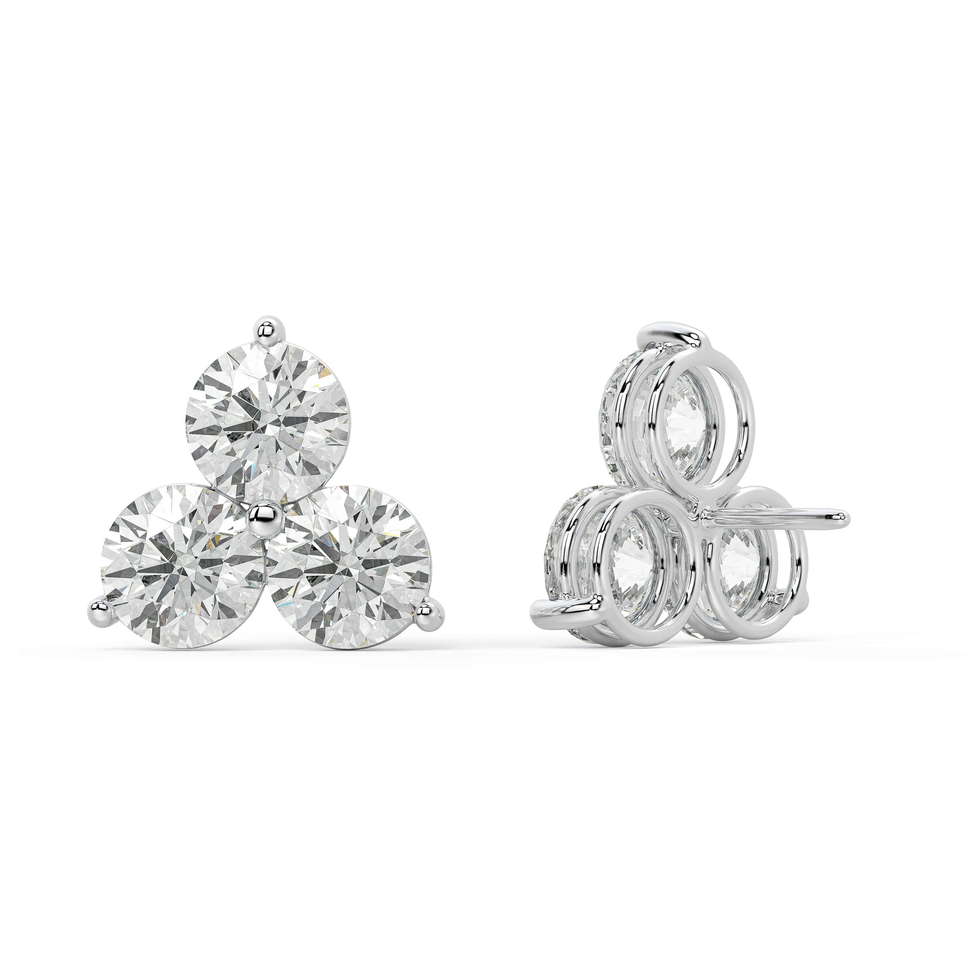 Rear view of white gold Trinity Studs with butterfly backs, allergy free and lightweight for nonstop wear from morning to evening.
