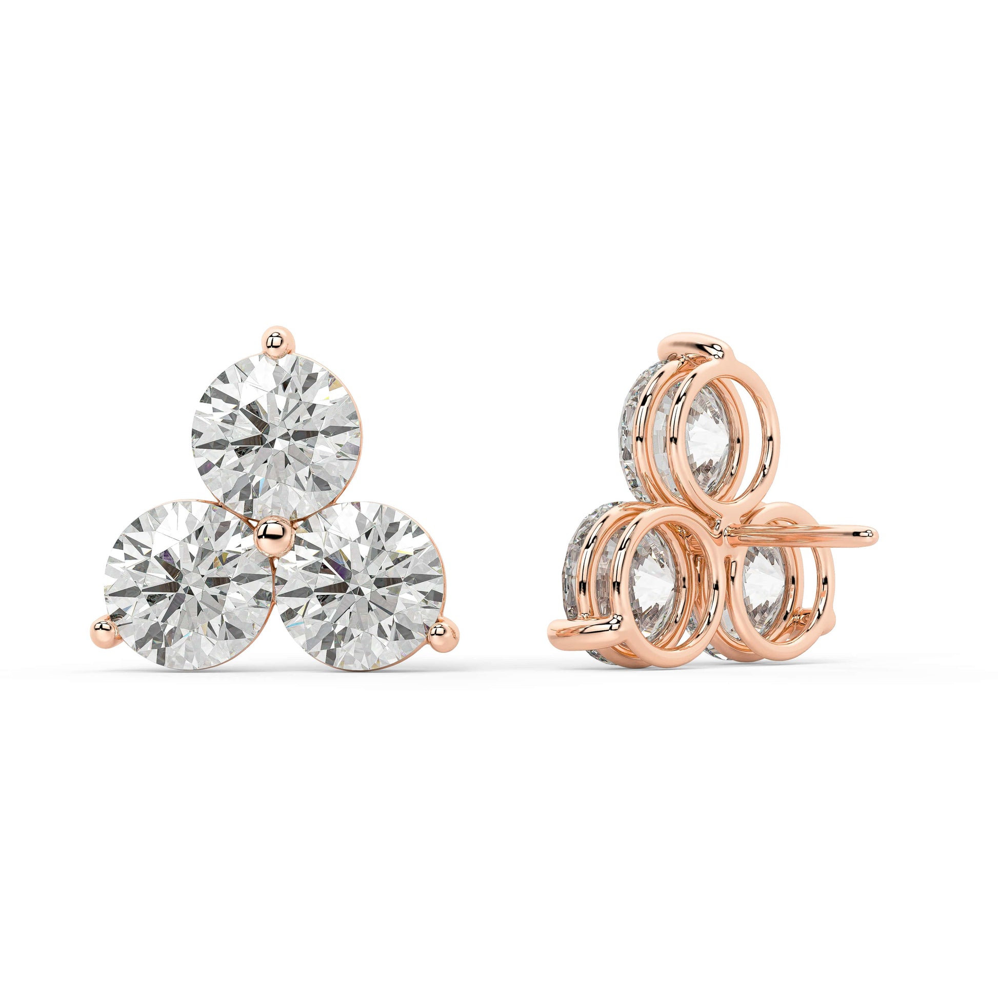 Backside of rose gold Trinity Studs with double notch backs, sustainable origin and perfect for gifting with impressive packaging.
