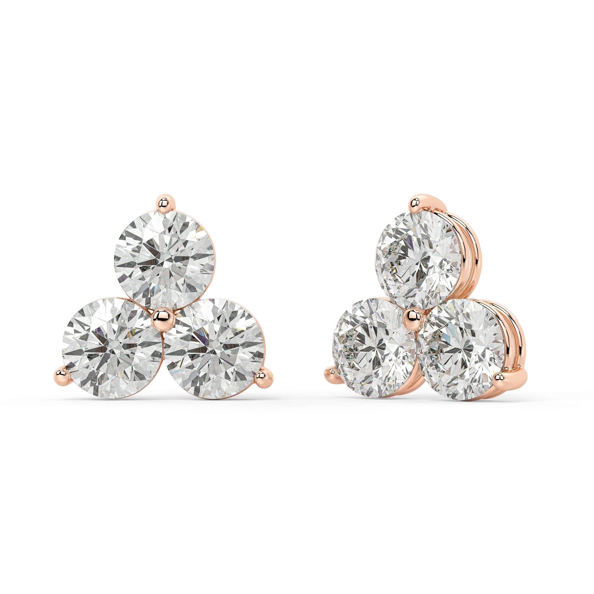 Angled front of rose gold Trinity Studs, triple stone setting that turns heads without effort, ideal for casual days or special moments.