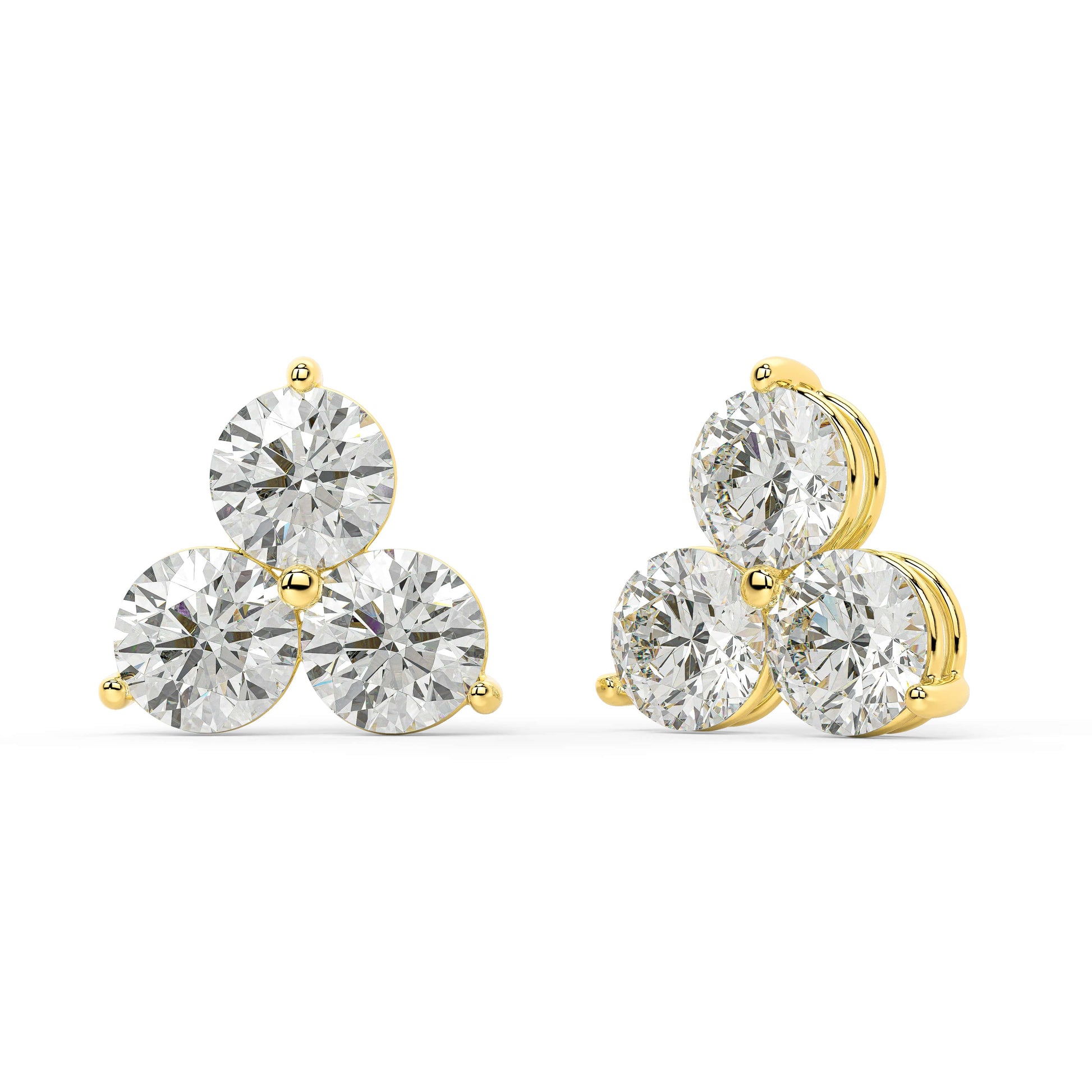 Angled front view of Trinity Studs in yellow gold, triple stone lab grown diamond earrings that catch light from all sides for daily comfort and understated elegance.