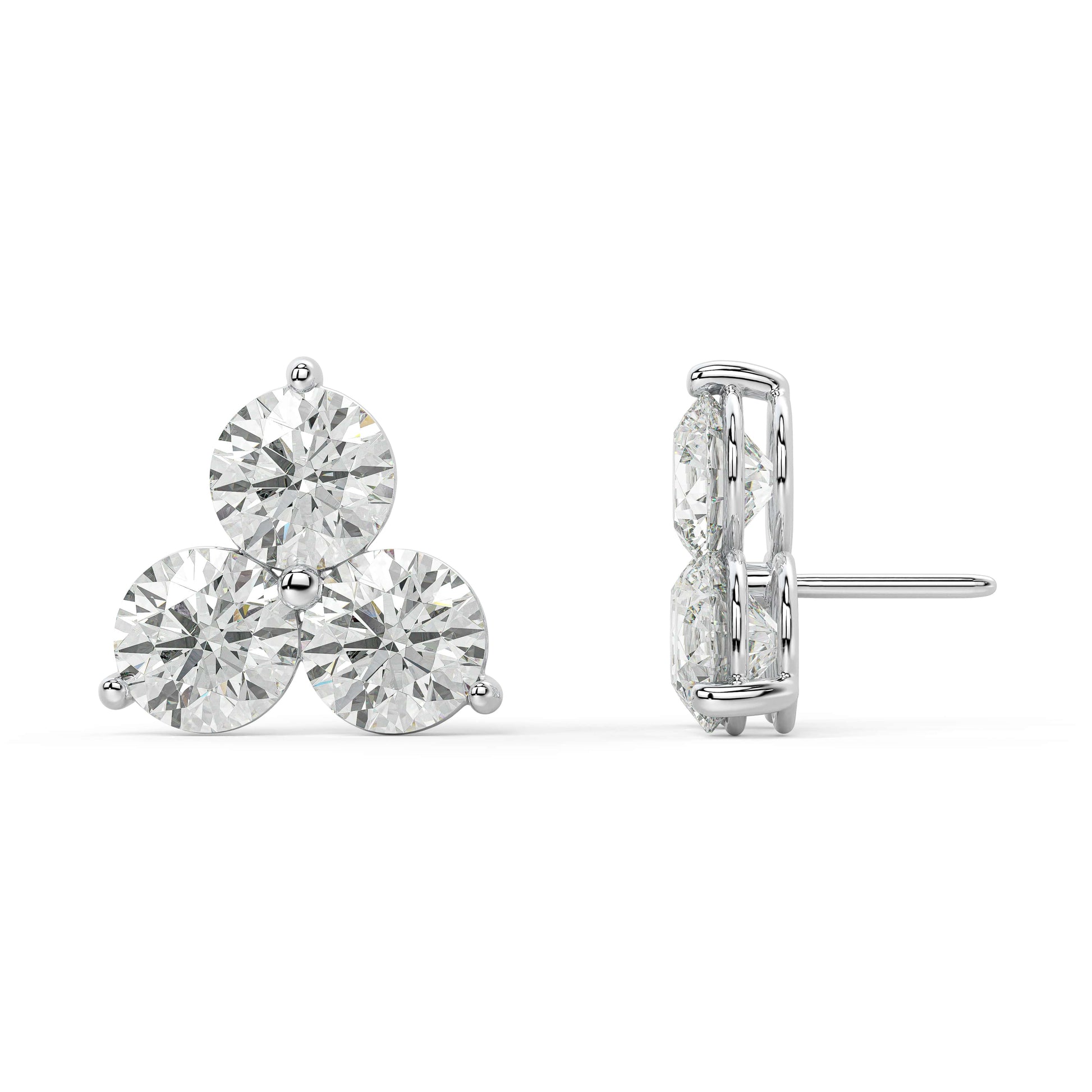 Profile side shot of white gold Trinity Studs showing smooth domed bezel and post length, designed for comfort and secure fit.