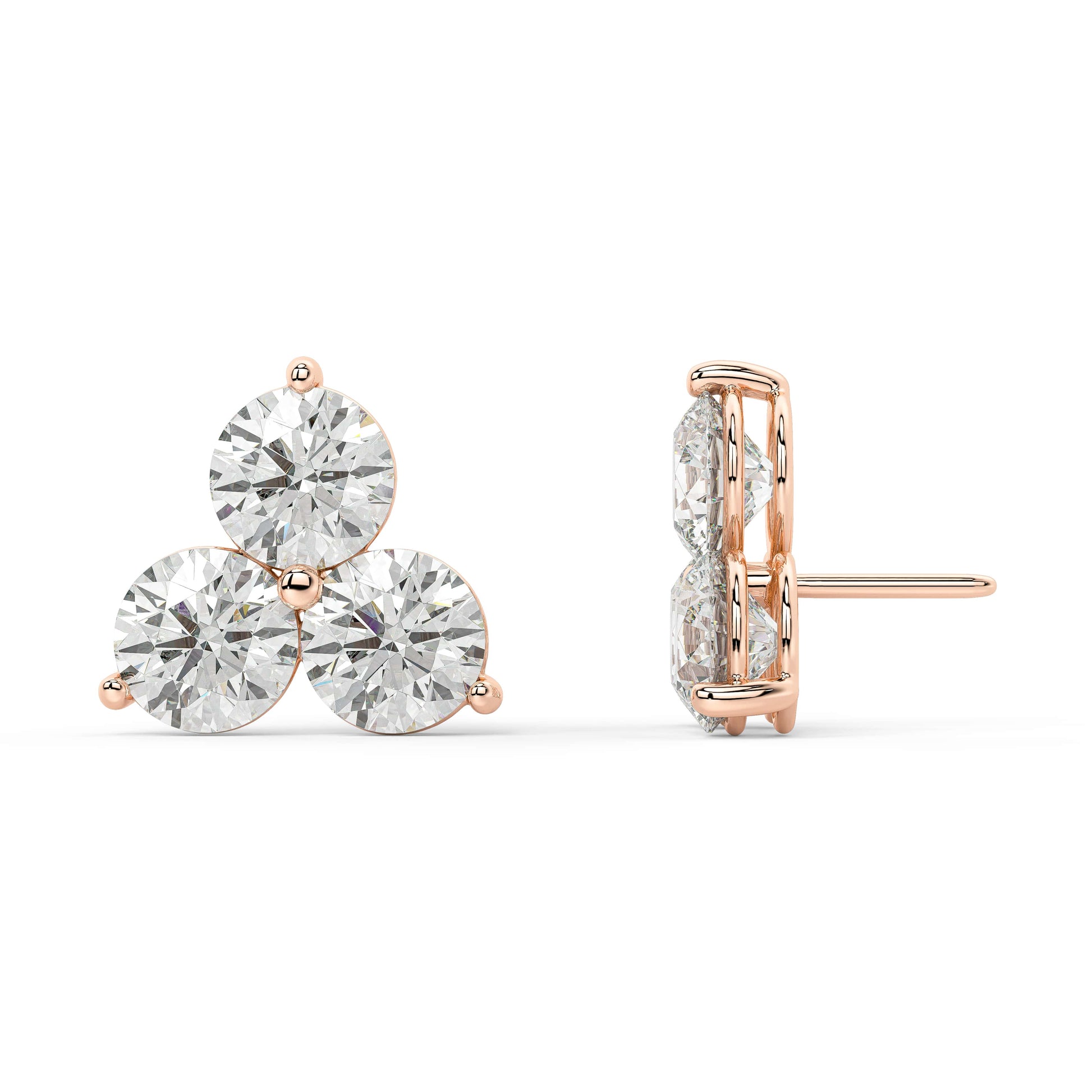 Side perspective of rose gold Trinity Studs earrings displaying post thickness and bezel embrace, engineered for all day ease.