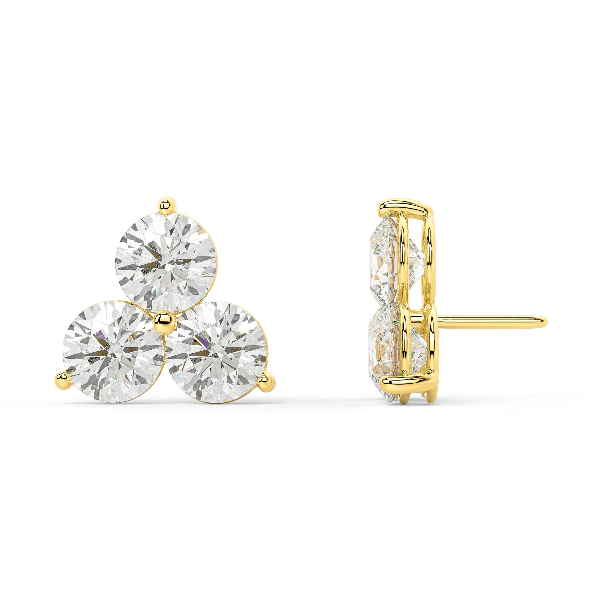 Side view of Trinity Studs yellow gold earrings showing post and bezel profile, hypoallergenic and lightweight for sensitive ears and active lifestyles.
