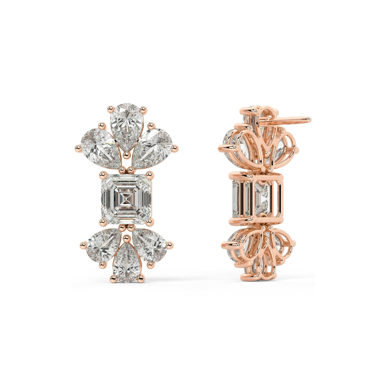 Pair of rose gold lab-grown diamond floral cluster stud earrings with emerald-cut center diamond and pear-shaped petal accents, front view, elegant multi-diamond jewelry