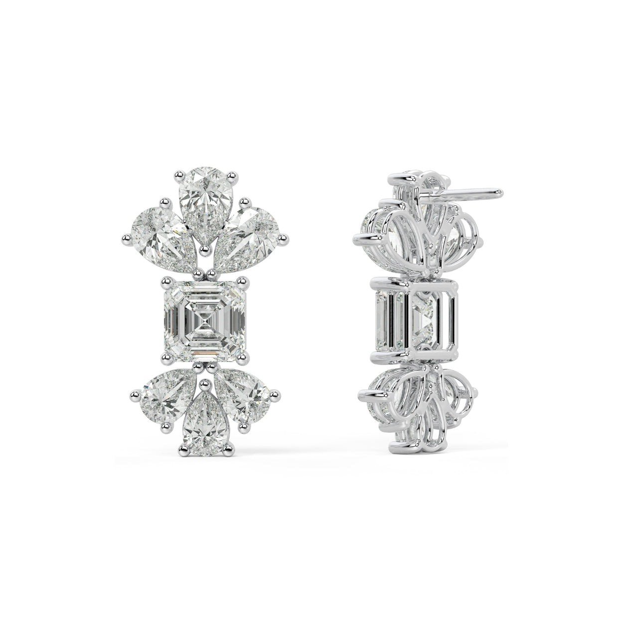 Pair of rose gold lab-grown diamond cluster stud earrings featuring central emerald-cut diamond and pear-shaped diamond petals in floral motif, front view, romantic luxury earrings