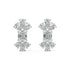 Angled perspective of white gold lab-grown diamond floral cluster earrings with emerald center and sparkling pear diamonds, pair displayed, elegant bridal diamond studs