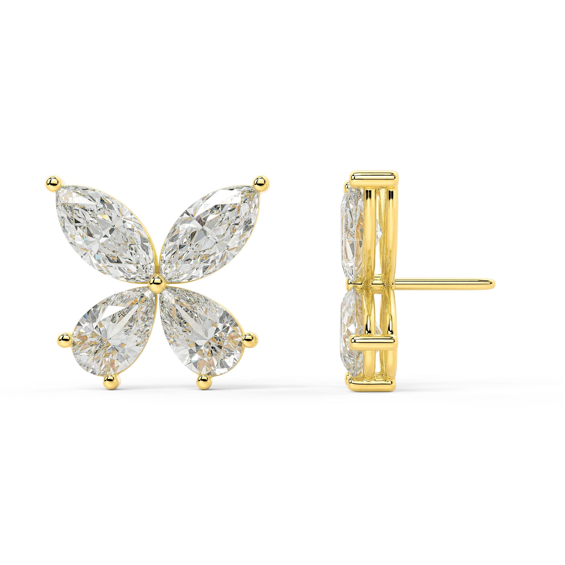 Side and back view of Elara Stud Earrings lab grown diamond in yellow gold, displaying secure double-notch butterfly backs and protective bezel for worry-free all-day wear.