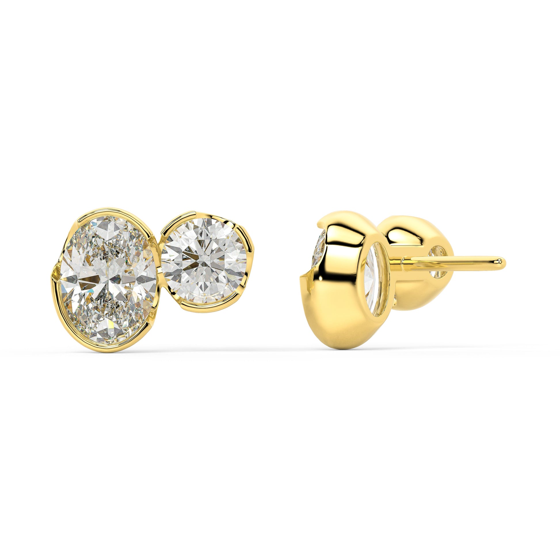 Back view of Sorelle Studs double diamond studs in yellow gold, emphasizing the low-profile bezel innovation that protects stones while delivering VS+ clarity and guilt-free ethical shine.