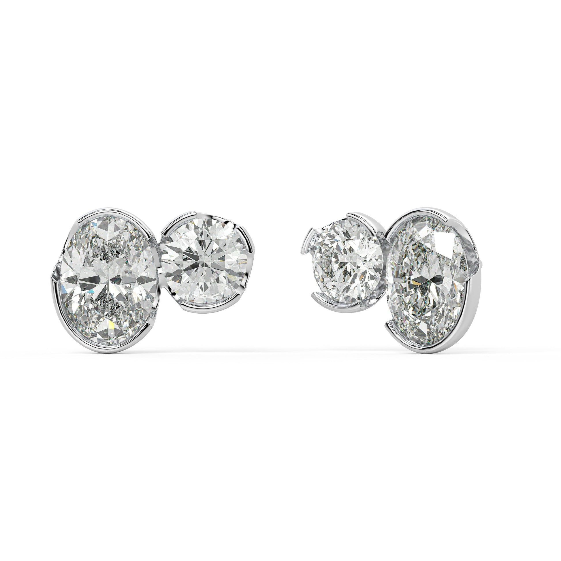 Angled front view of Sorelle Studs bezel set double diamond earrings in white gold, designed for active lifestyles with smooth, worry-free wear and maximum surface sparkle.