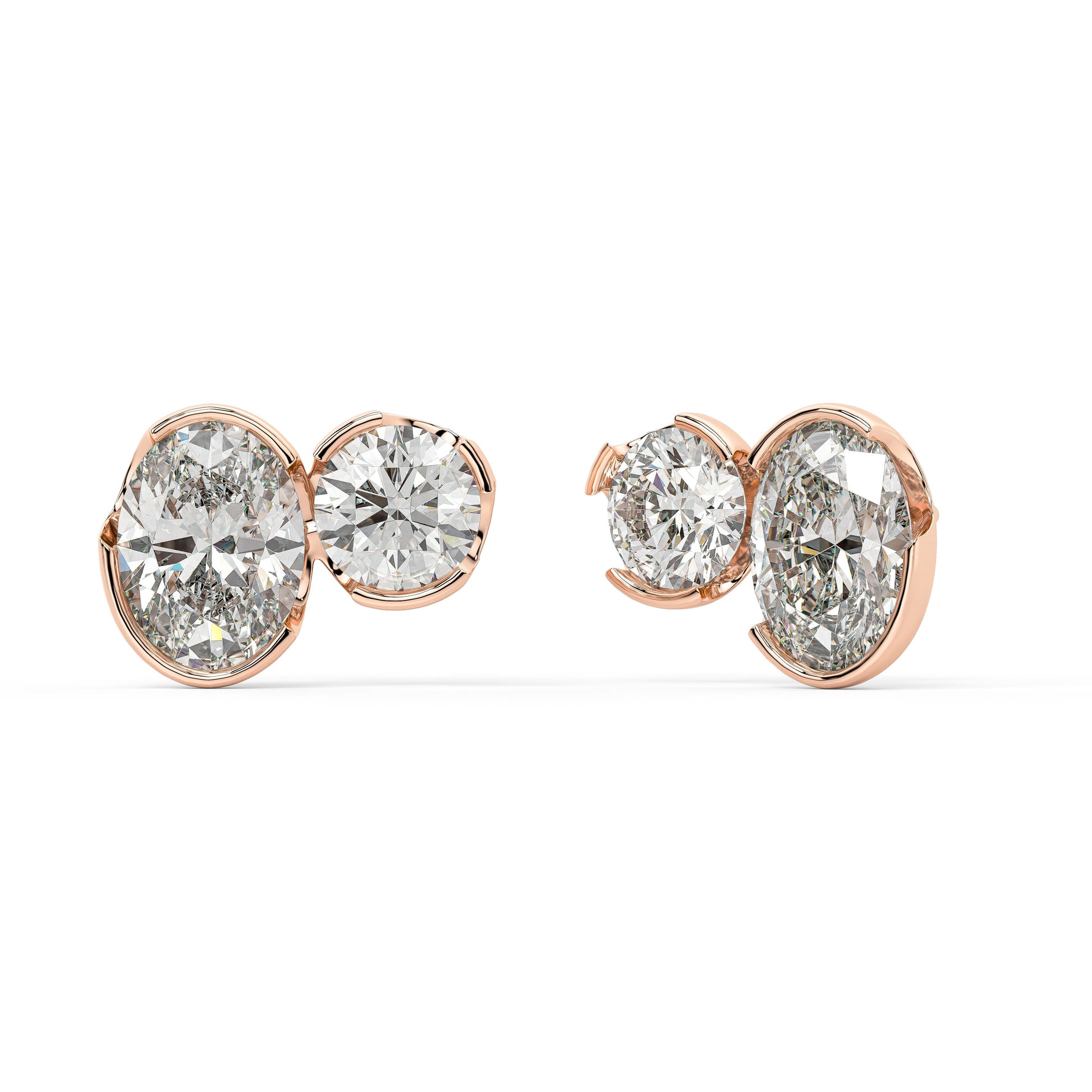 Angled front view of Sorelle Studs bezel set double diamond earrings in rose gold, crafted for wider light capture and versatile layering in net-zero sustainable luxury.