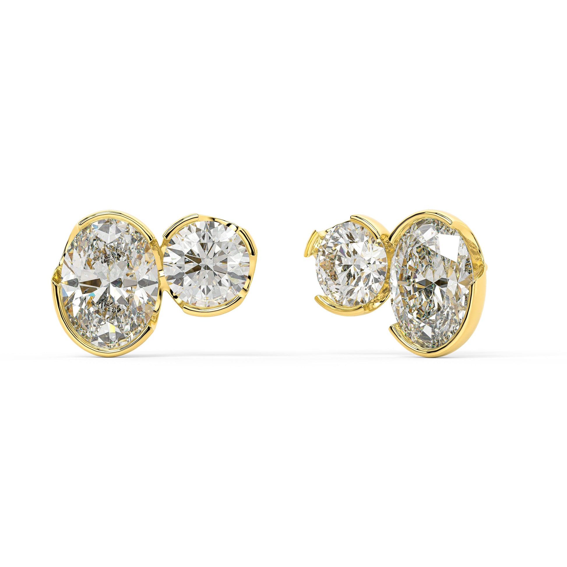 Angled front view of Sorelle Studs bezel set double diamond earrings in yellow gold, highlighting matched round brilliants in a twin silhouette that catches eyes with ethical, net-zero sustainable glow.