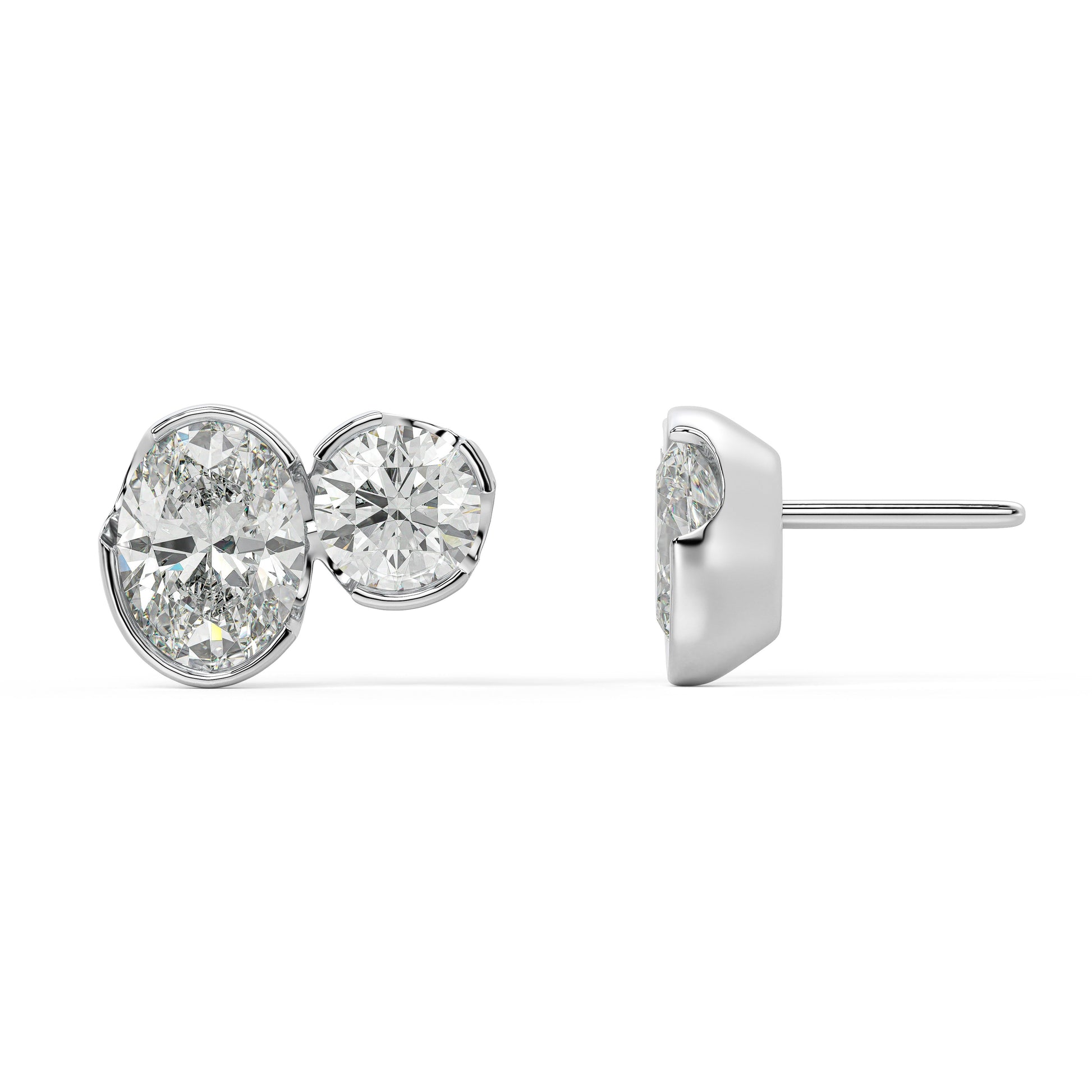 Side and back view of Sorelle Studs lab grown diamond earrings in white gold, showing the protective bezel frame and double-notch backs for secure, effortless essentials.