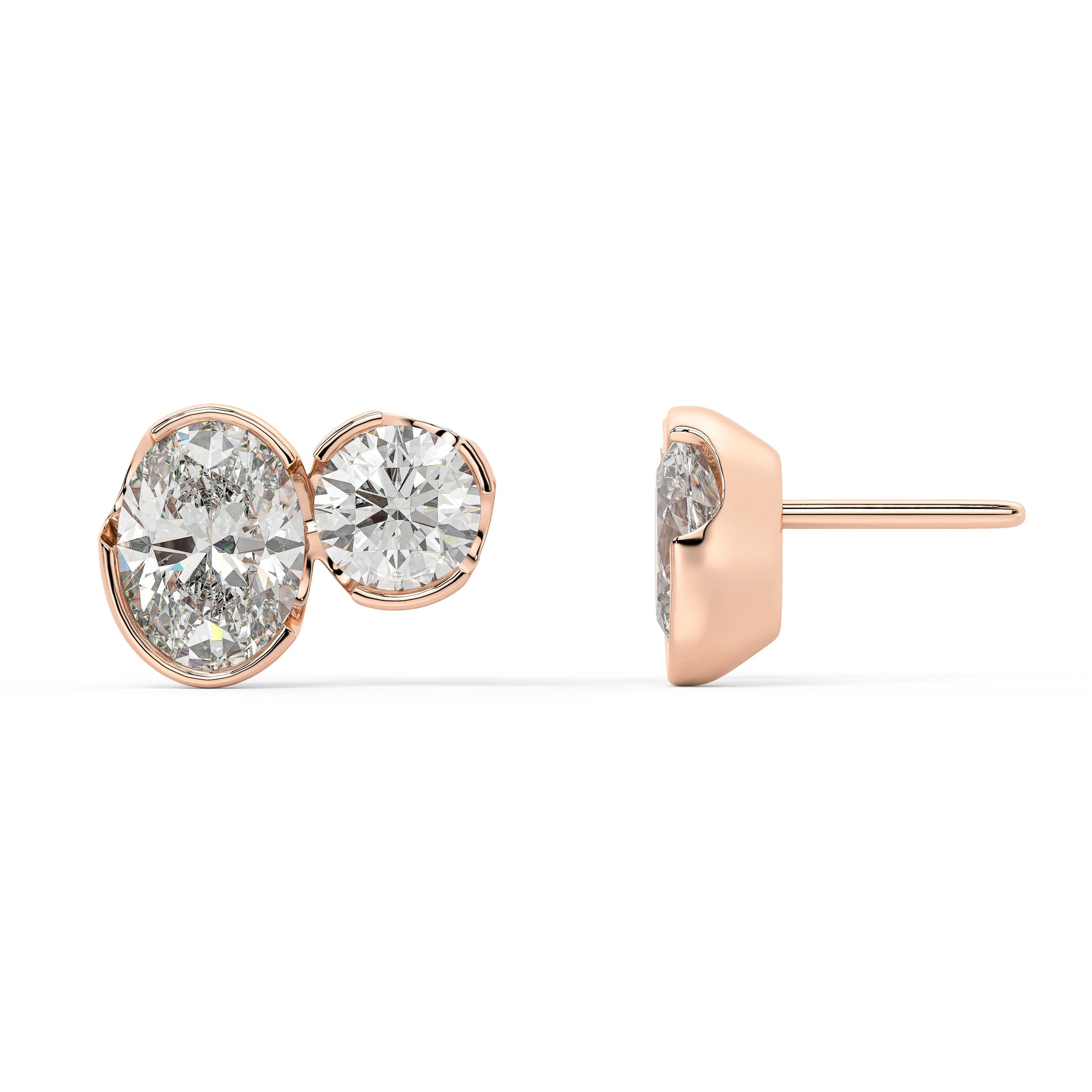 Side and back view of Sorelle Studs lab grown diamond earrings in rose gold, featuring smooth bezel and secure backs to prevent tangles for all-day active wear.