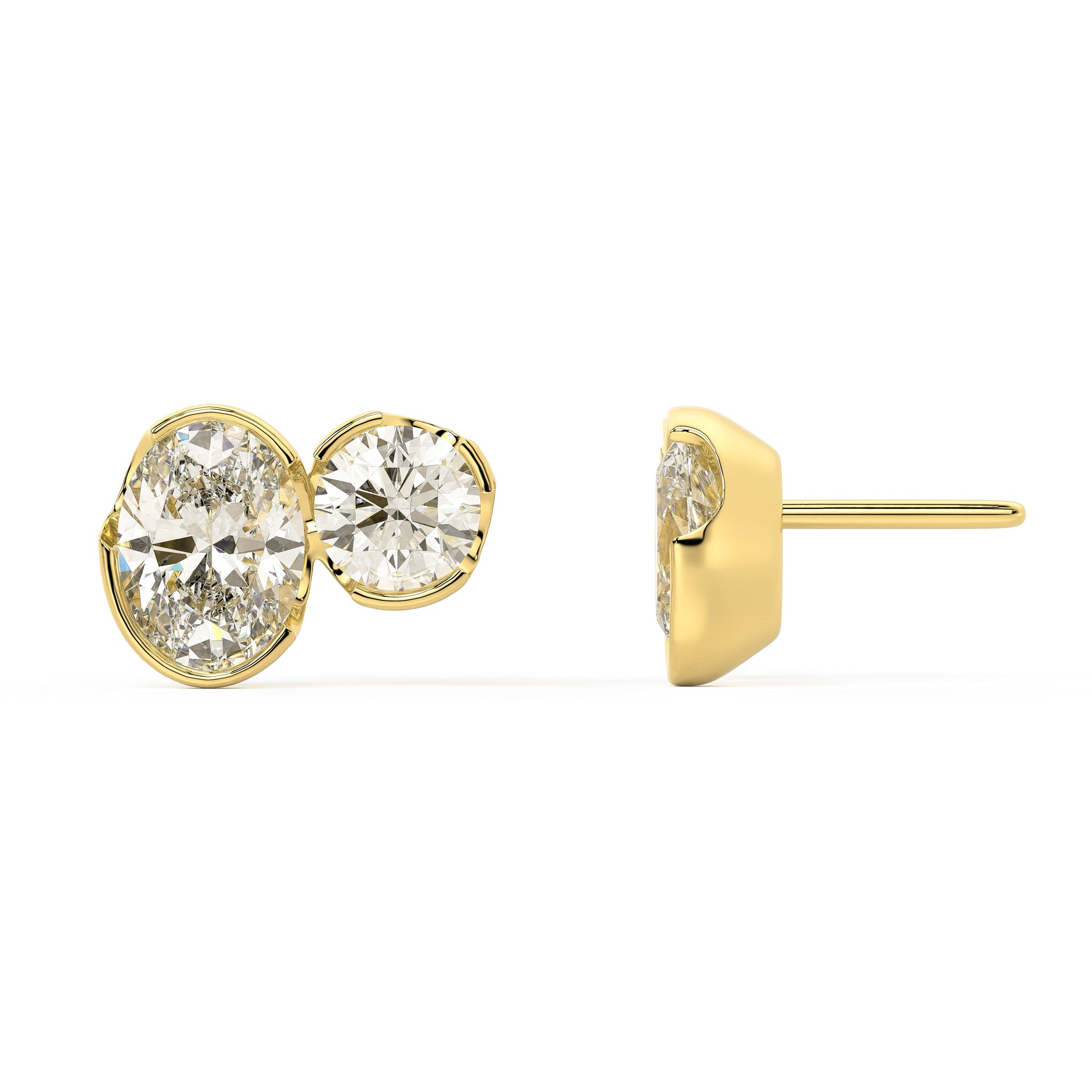 Side and back view of Sorelle Studs lab grown diamond earrings in yellow gold, displaying secure double-notch butterfly backs and smooth bezel for snag-free, all-day confidence in bold sustainability.