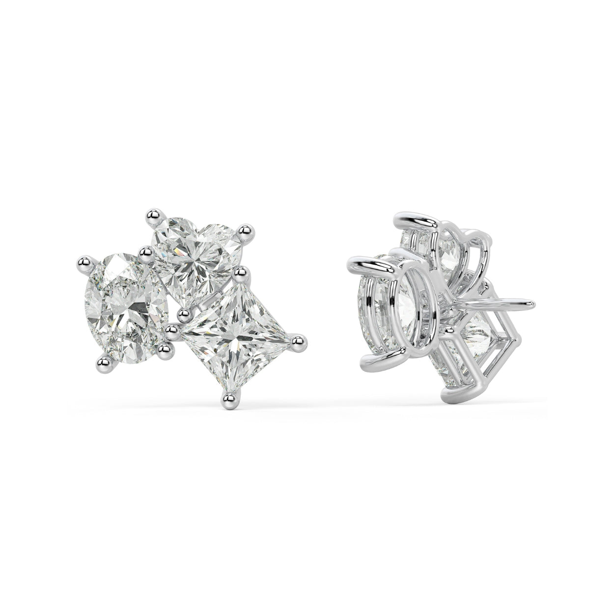 Pair of rose gold lab-grown diamond drop stud earrings featuring central oval-cut diamond with pear-shaped side accents in dramatic three-stone dangling motif, front view, romantic luxury jewelry