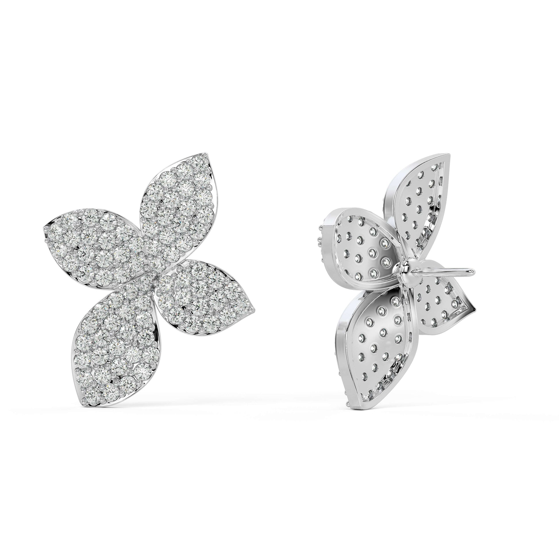 Back view of Aalaya Pave lab-grown floral studs in white gold, highlighting the volume and radiance in a signature piece for sustainability-seeking women.