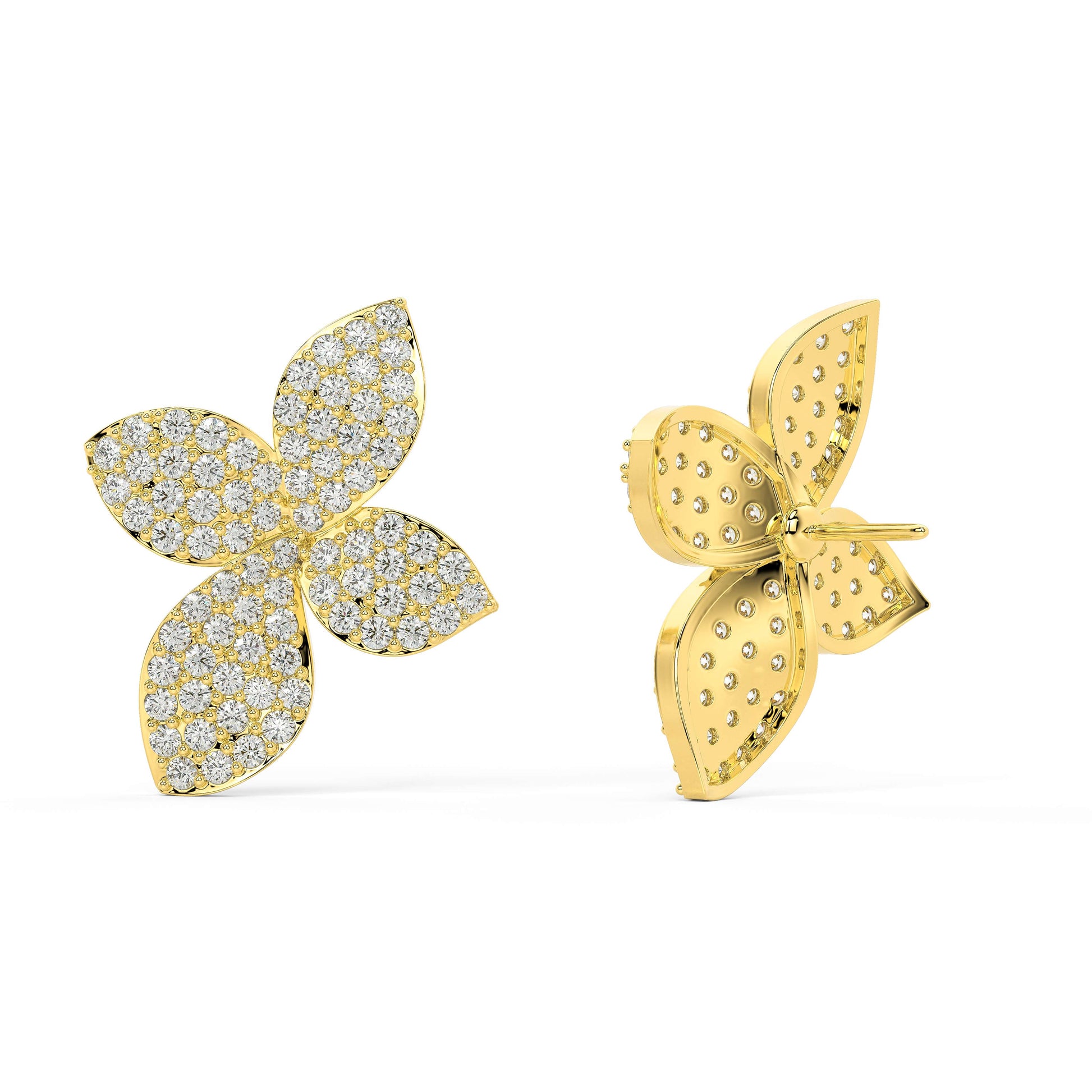 Back view of Aalaya Pave lab-grown floral studs in yellow gold, emphasizing the multi-petal form and high craftsmanship for effortless, snag-free wear in sustainable sophistication.