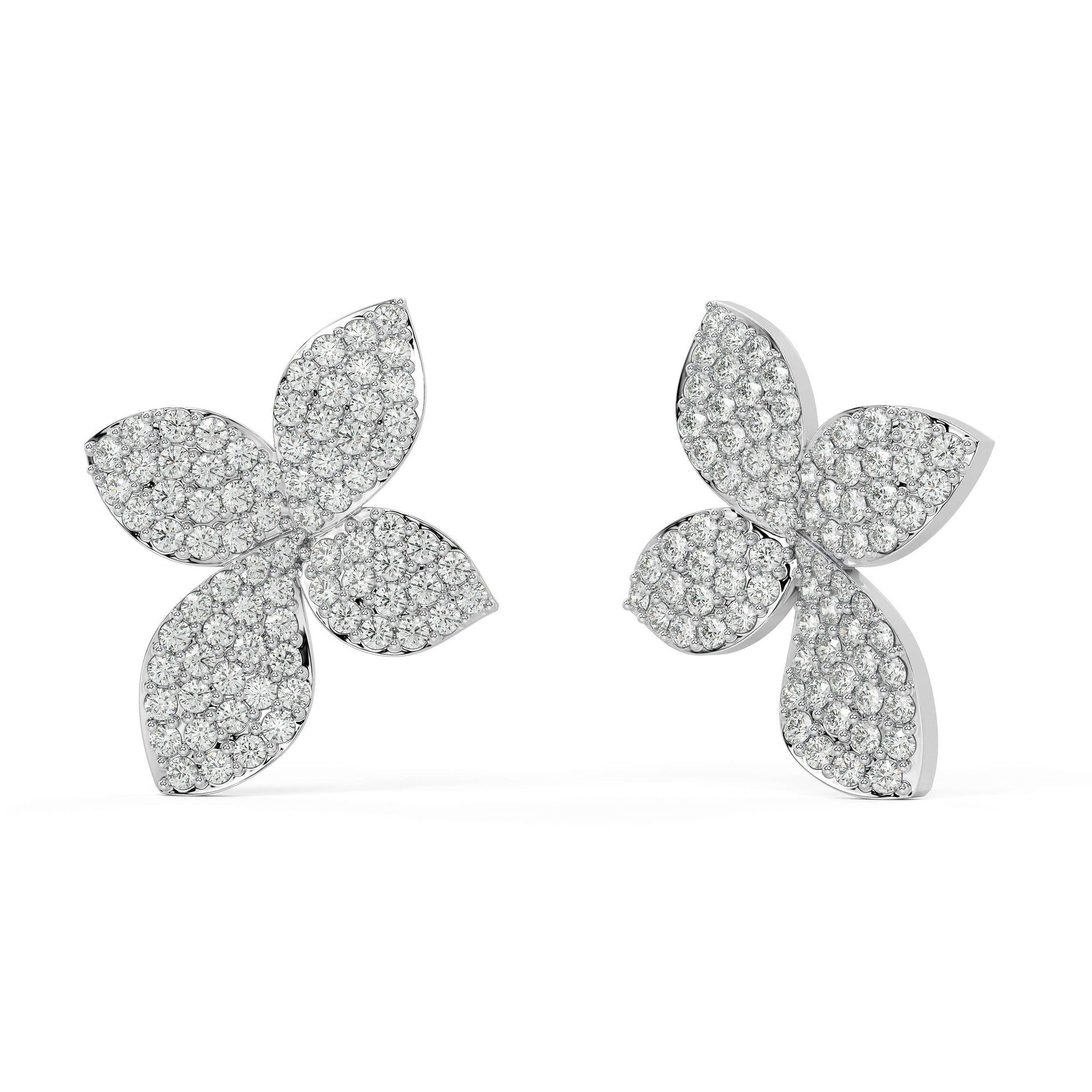 Angled front view of Aalaya Pave 2.88 CTW floral diamond studs in white gold, where pave diamonds create a fluid glow for net-zero sustainable elegance without weight.