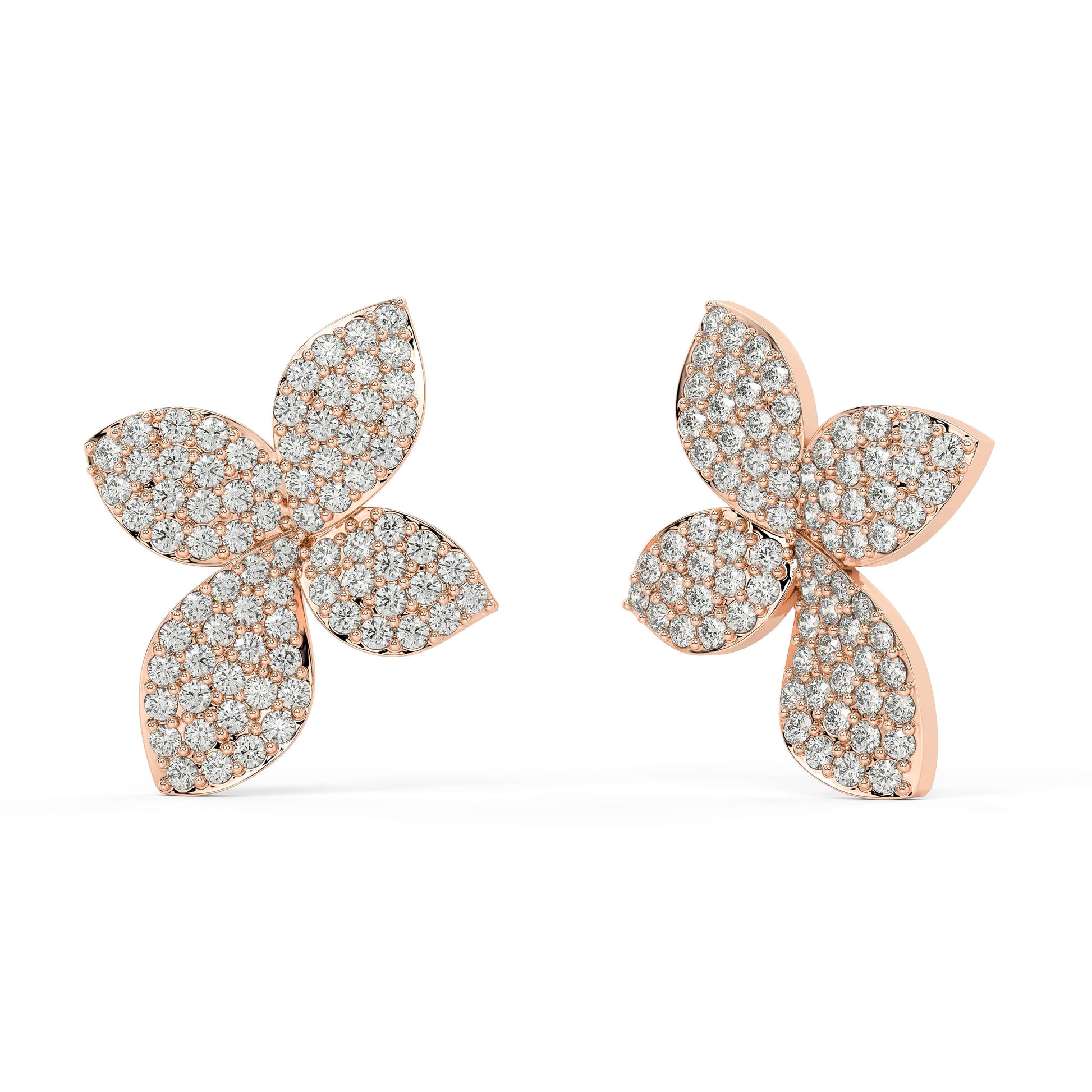 Angled front view of Aalaya Pave 2.88 CTW floral diamond studs in rose gold, designed for soft brilliance and volume in sustainable luxury.