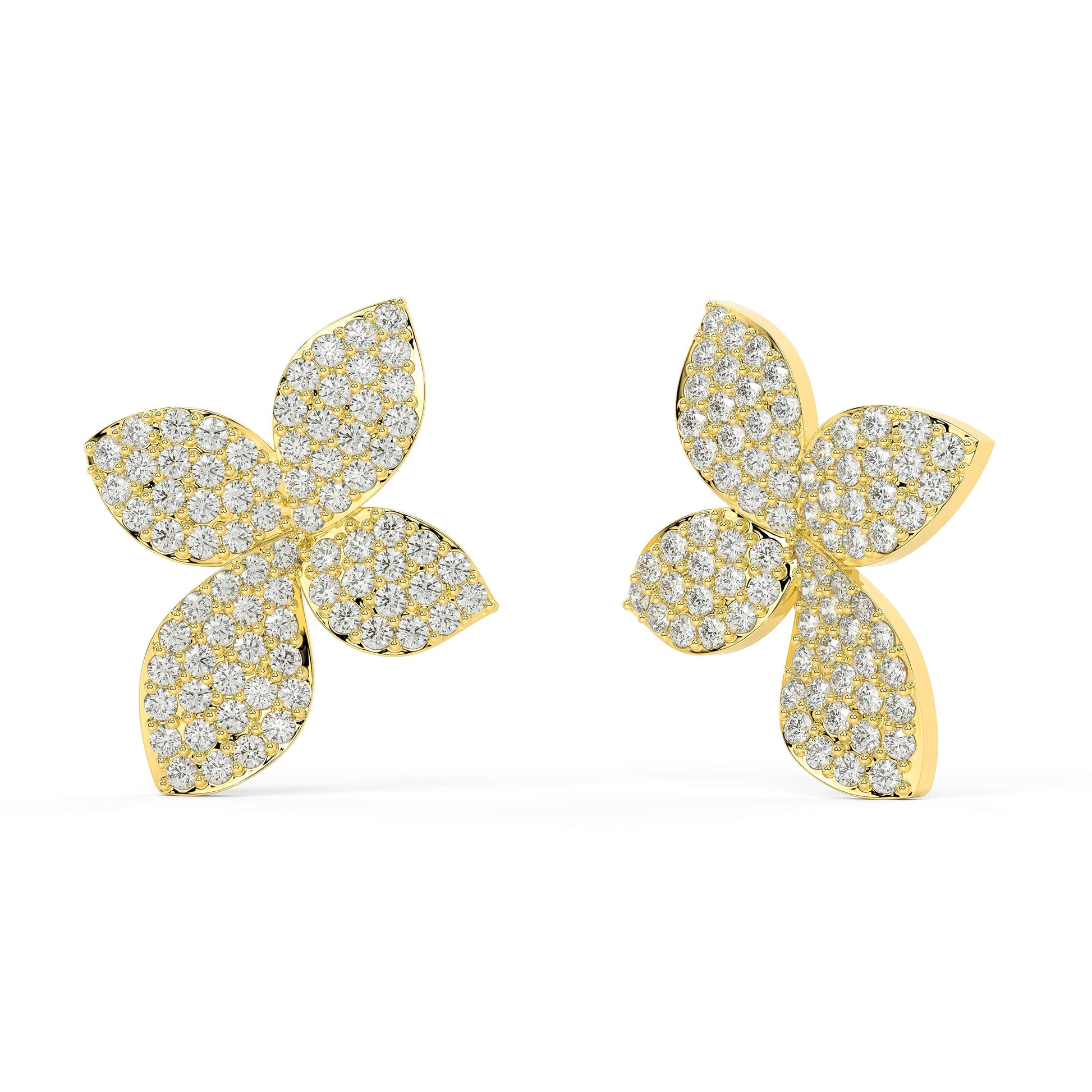 Angled front view of Aalaya Pave 2.88 CTW floral diamond studs in yellow gold, with pave-set diamonds creating a petal cluster alive with light for sophisticated, sustainable shine.
