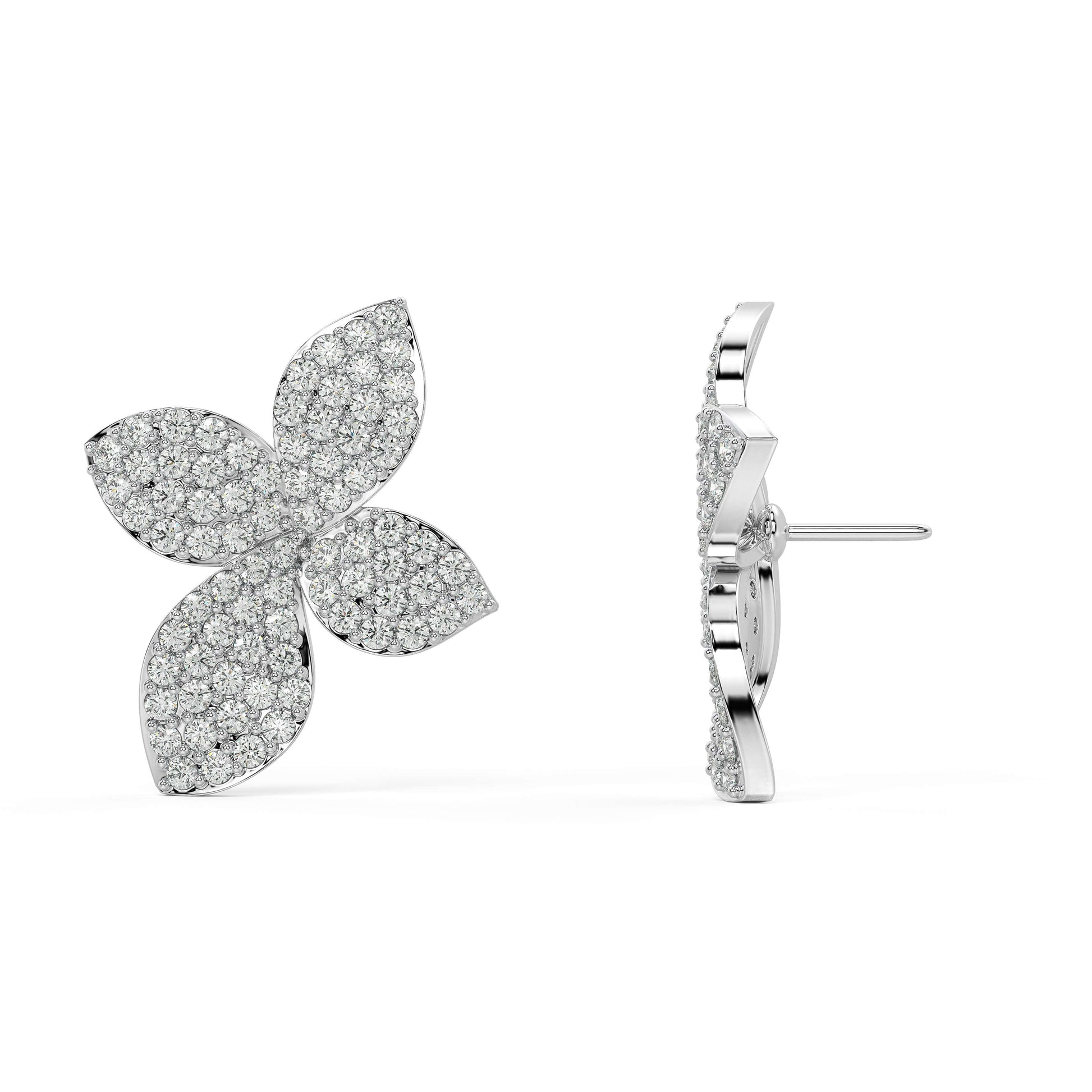 Side and back view of Aalaya Pave diamond earrings in white gold, showing pave settings and double-notch backs for secure, lightweight comfort in eco-conscious design.