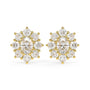 Pair of yellow gold lab-grown diamond oval halo stud earrings with central oval-cut diamond surrounded by brilliant round-cut diamonds in flower cluster design, front view, luxury jewelry