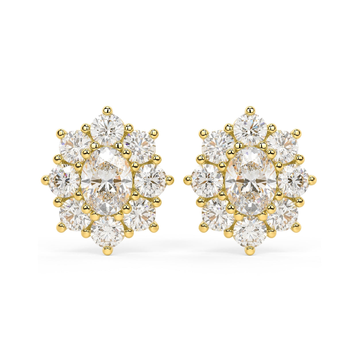 Pair of yellow gold lab-grown diamond oval halo stud earrings with central oval-cut diamond surrounded by brilliant round-cut diamonds in flower cluster design, front view, luxury jewelry