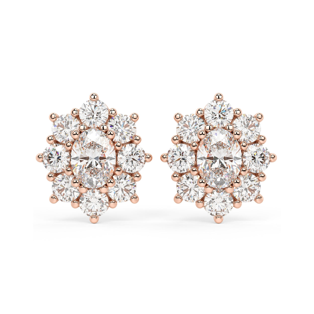 Pair of rose gold lab-grown diamond oval halo stud earrings with central oval diamond and surrounding brilliant rounds in cluster formation, front view, romantic jewelry