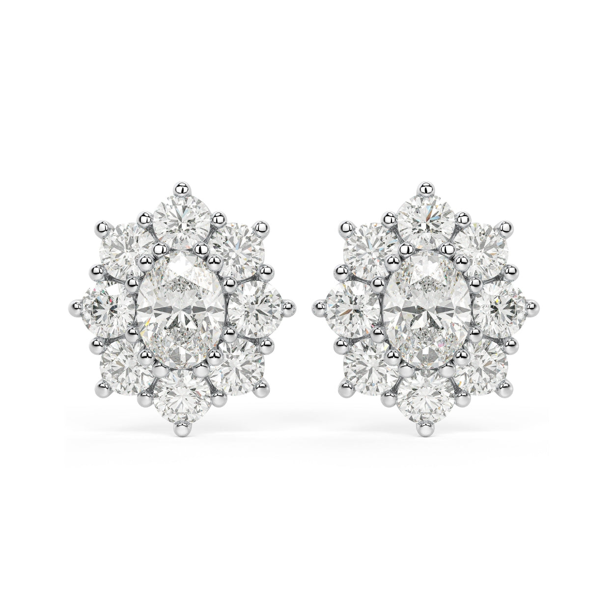 Pair of white gold lab-grown diamond oval halo stud earrings with central oval-cut diamond encircled by brilliant round diamonds in floral cluster, front view, sophisticated jewelry