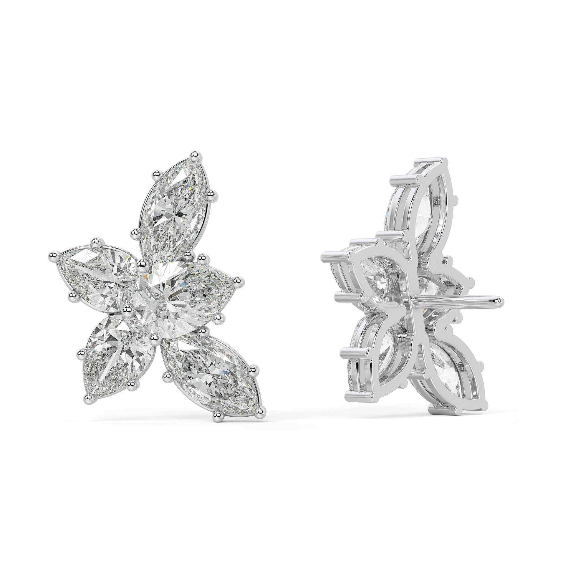 Back view of Alure Clusters lab-grown floral studs in white gold, highlighting the ~17.9 mm height and net-zero emissions for bold, ethical presence.
