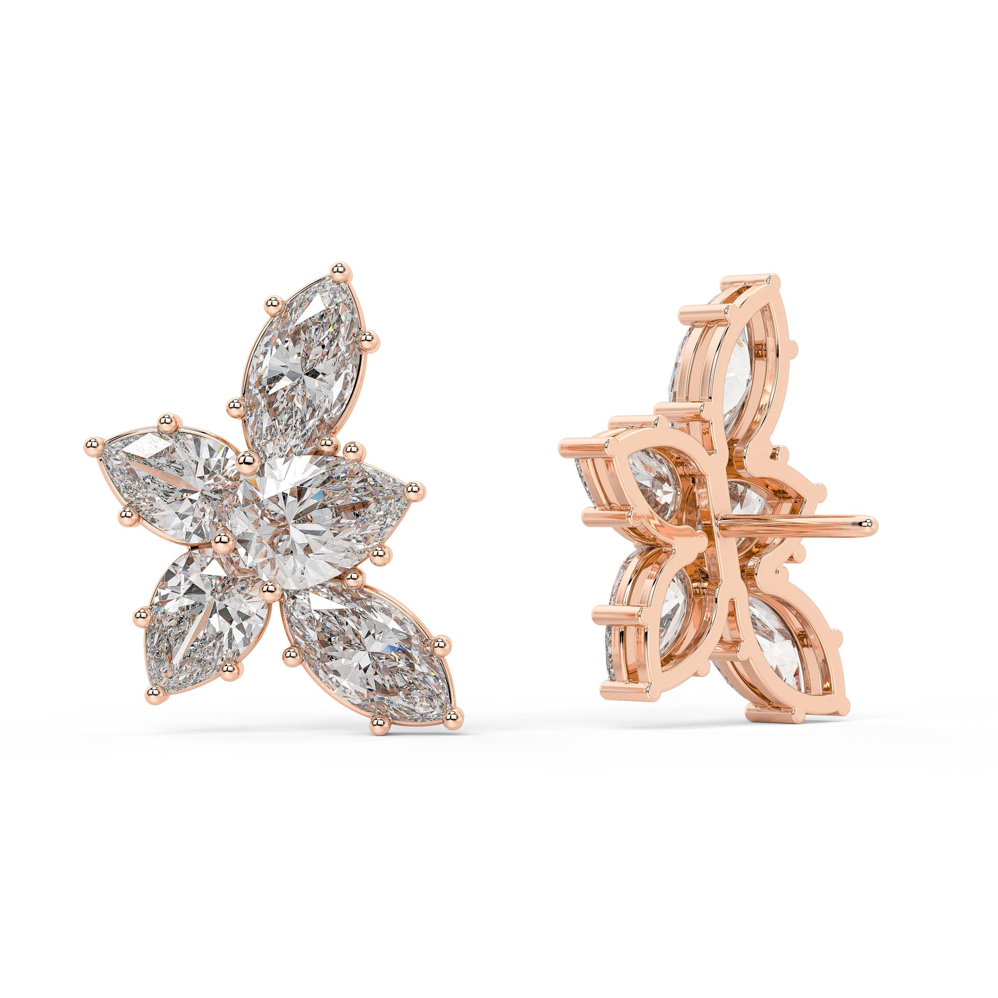 Back view of Alure Clusters lab-grown floral studs in rose gold, showcasing the sculpted profile and sustainable origin for lasting luxury.