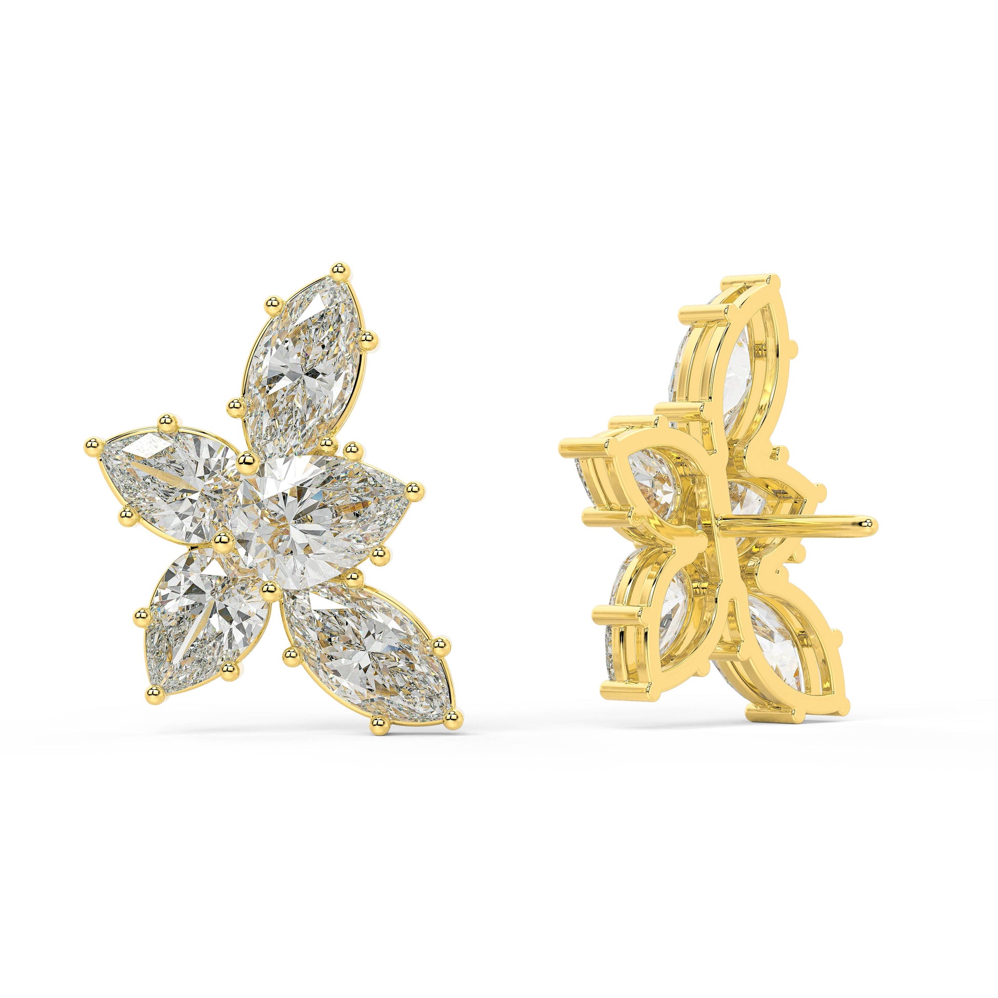 Back view of Alure Clusters lab-grown diamond studs in yellow gold, emphasizing the net-zero emission origin and sculpted floral profile for sustainable sophistication.