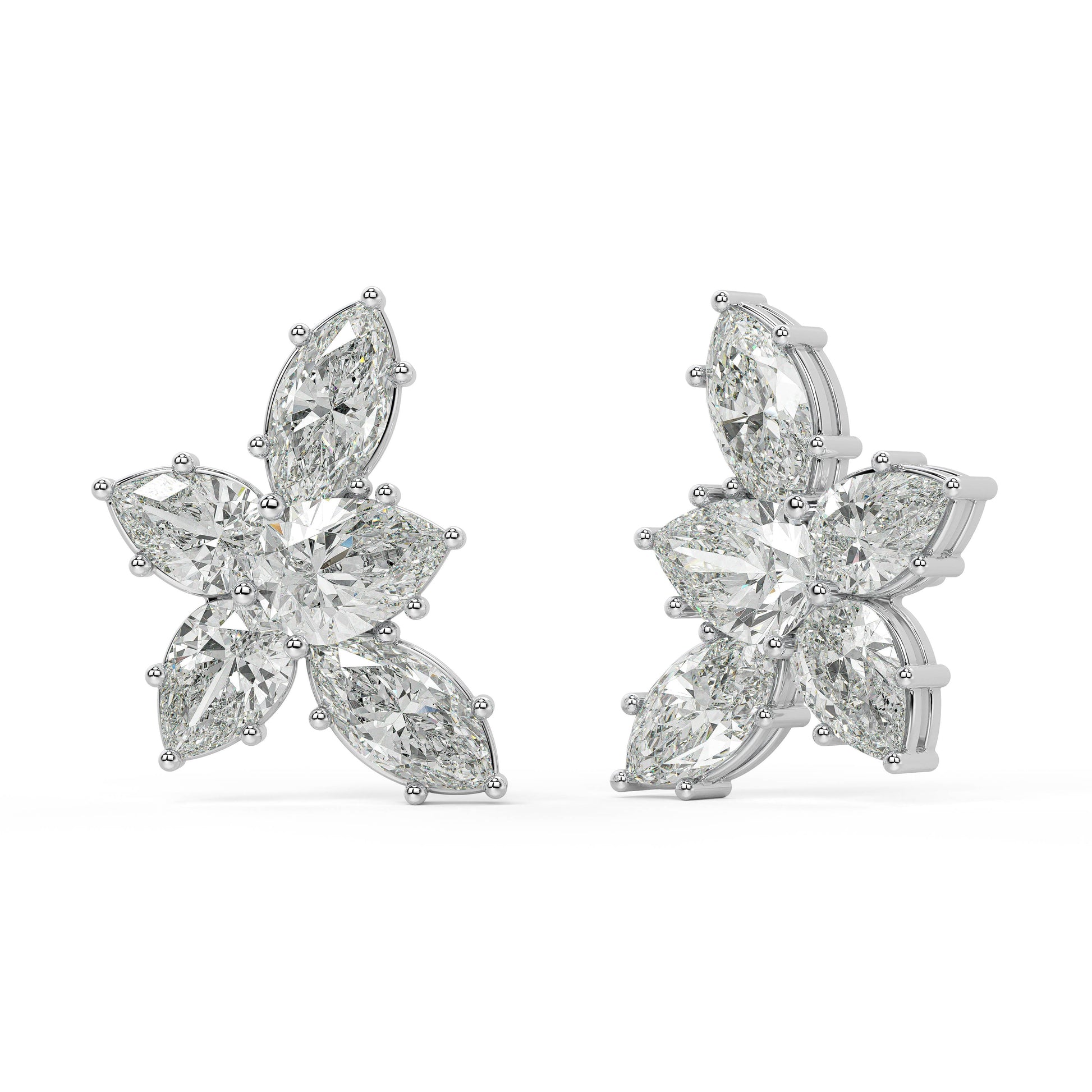 Angled front view of Alure Clusters 4.38 CTW floral diamond studs in white gold, with cuts arranged to disperse light brilliantly for sustainable everyday luxury.