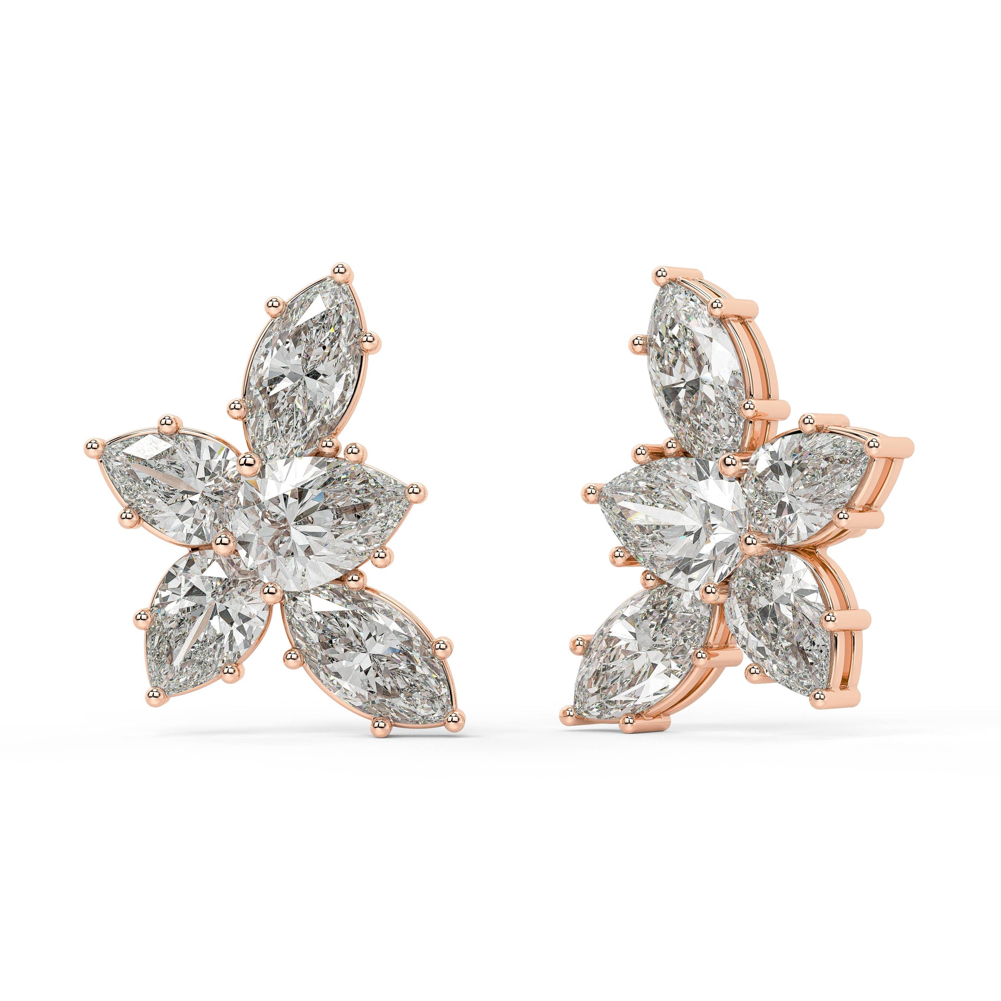 Angled front view of Alure Clusters 4.38 CTW floral diamond studs in rose gold, designed to catch every ray of light for dawn-to-dusk brilliance.