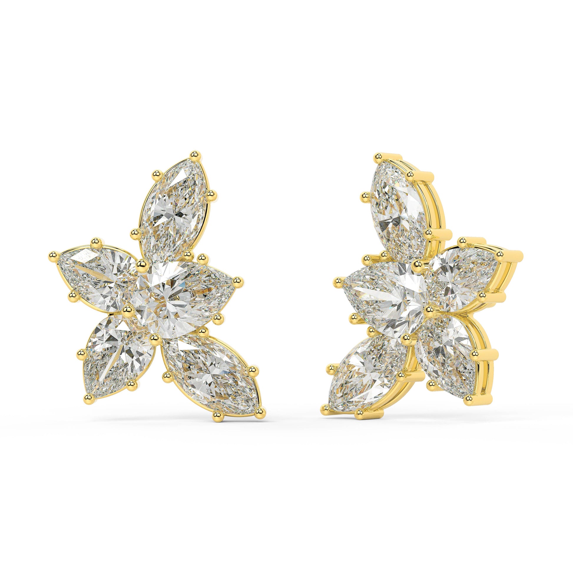 Angled front view of Alure Clusters 4.38 CTW lab-grown diamond floral studs in yellow gold, with pear and marquise cuts arranged to catch light for all-day ethical brilliance.