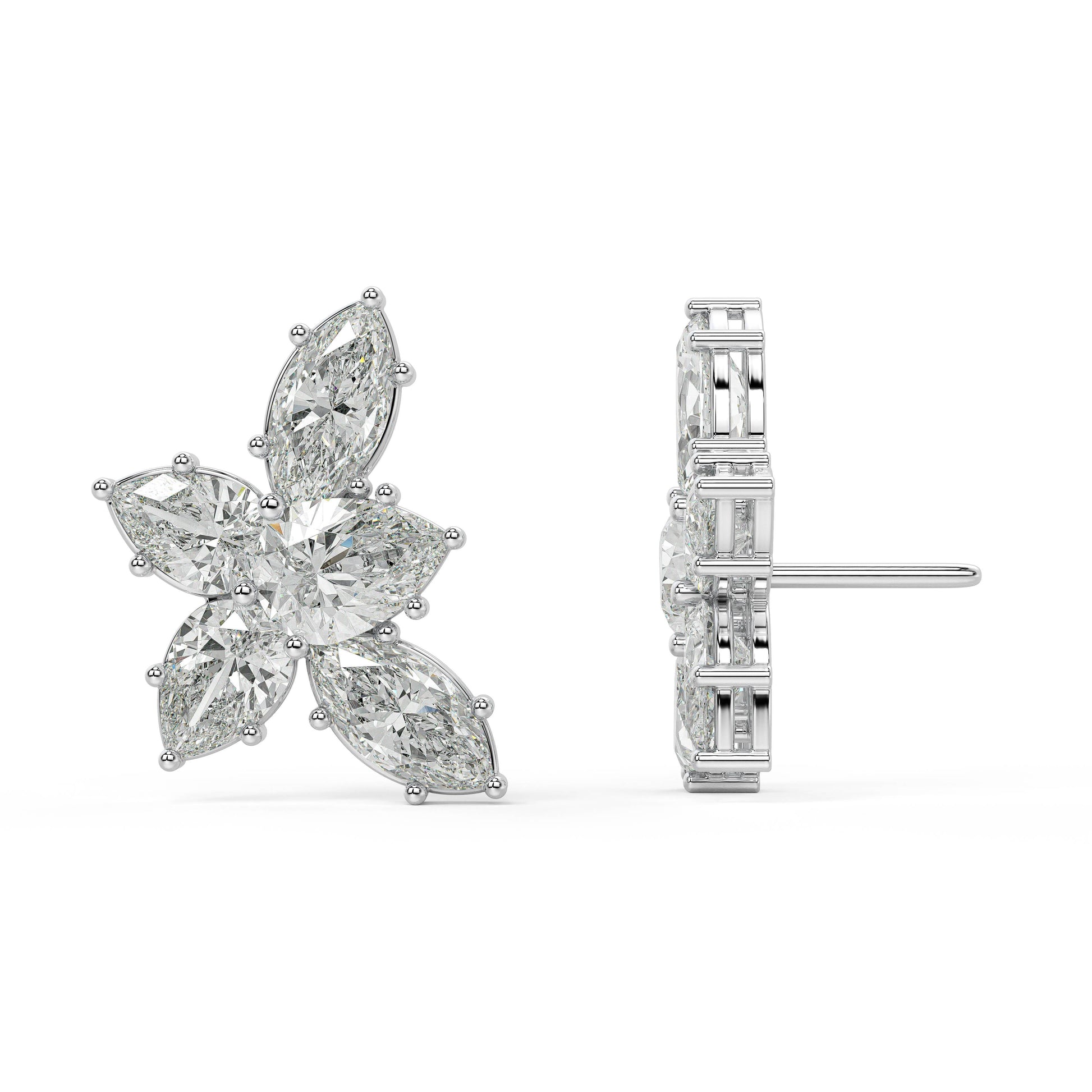Side and back view of Alure Clusters diamond earrings in white gold, showing prong settings and double-notch backs for secure, all-day comfort in eco-conscious style.