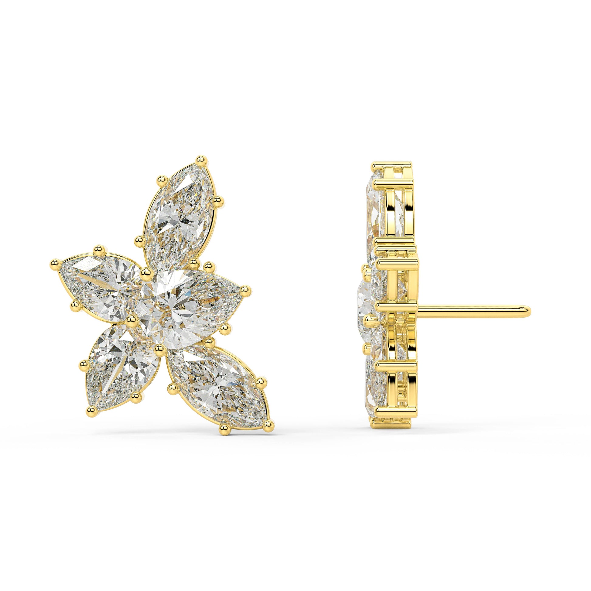 Side and back view of Alure Clusters floral diamond earrings in yellow gold, displaying secure double-notch butterfly backs and prong settings for comfortable, hypoallergenic wear.