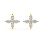 Yellow gold lab grown diamond floral earrings with marquise cut stones in elegant four petal flower design on white background