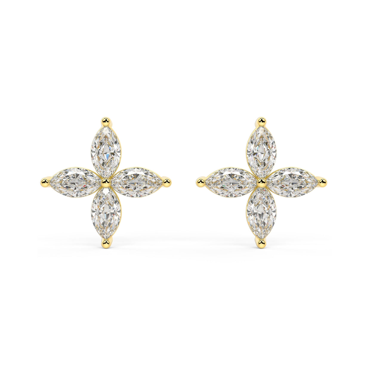 Yellow gold lab grown diamond floral earrings with marquise cut stones in elegant four petal flower design on white background