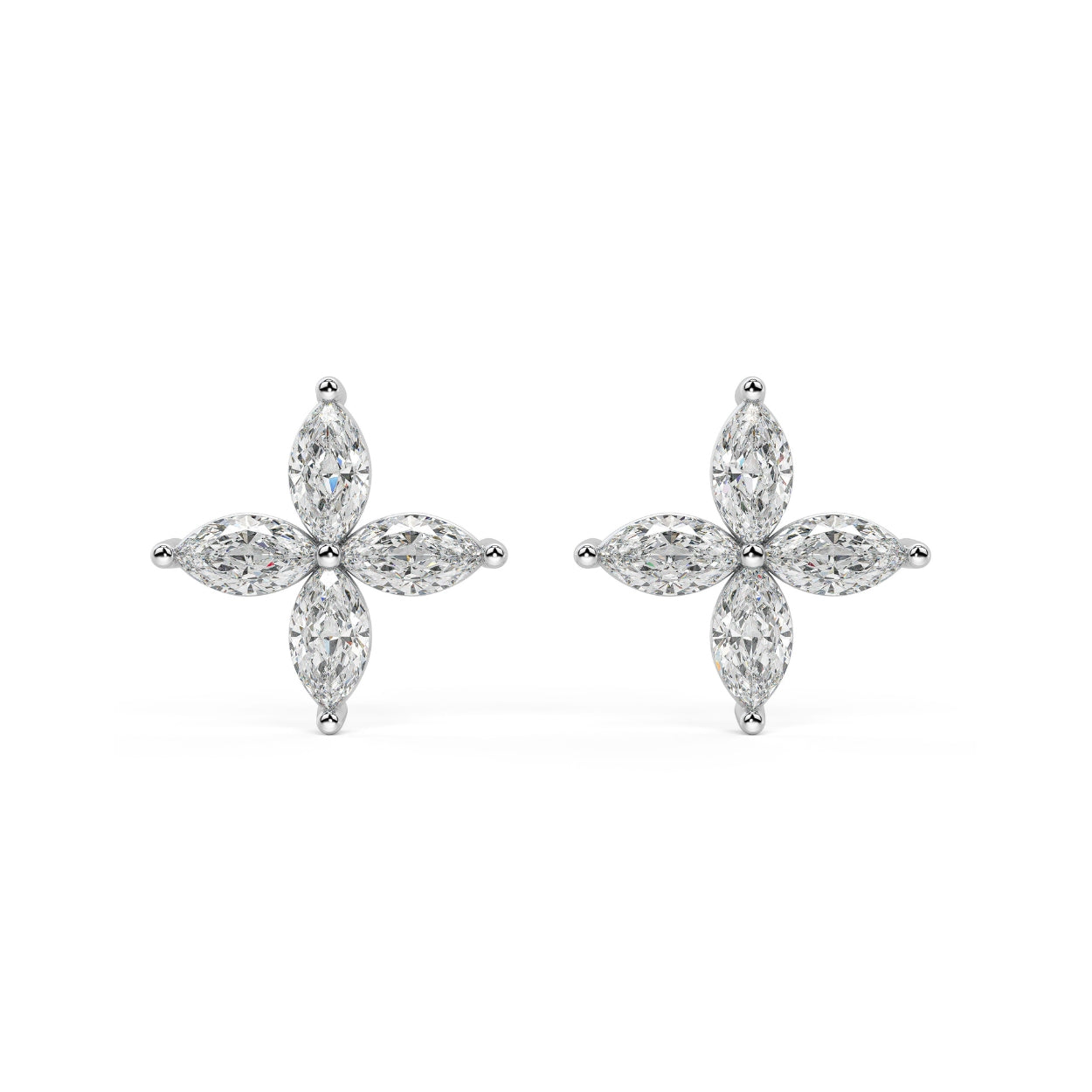 White gold lab grown diamond floral earrings with marquise cut stones in elegant four petal flower design on white background