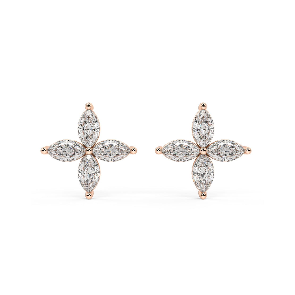 Rose gold lab grown diamond floral earrings with marquise cut stones in elegant four petal flower design on white background