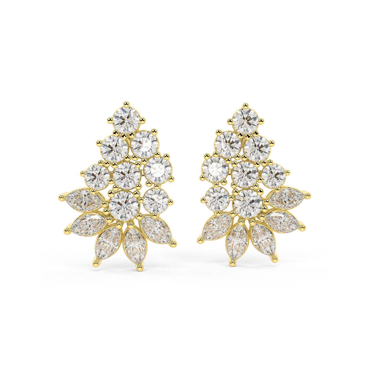 Yellow gold marquise and round diamond cluster stud earrings front view pair, lab grown floral tiered design with pear petals and brilliant center, luxury women's diamond jewelry