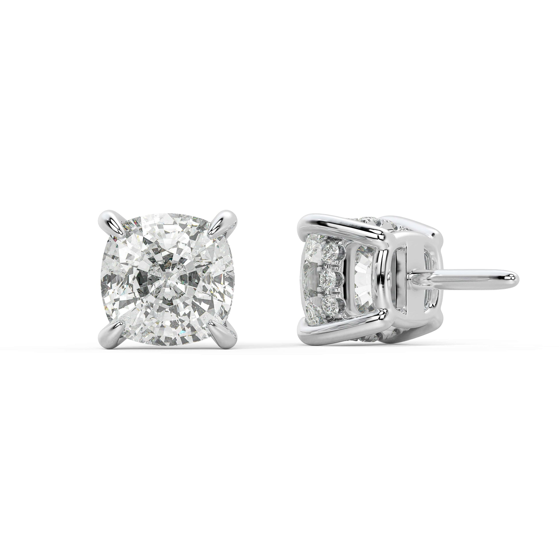 Front and back perspectives of white gold lab-grown diamond asscher solitaire earrings with stepped-facet brilliant cut, ethical fine diamond jewelry